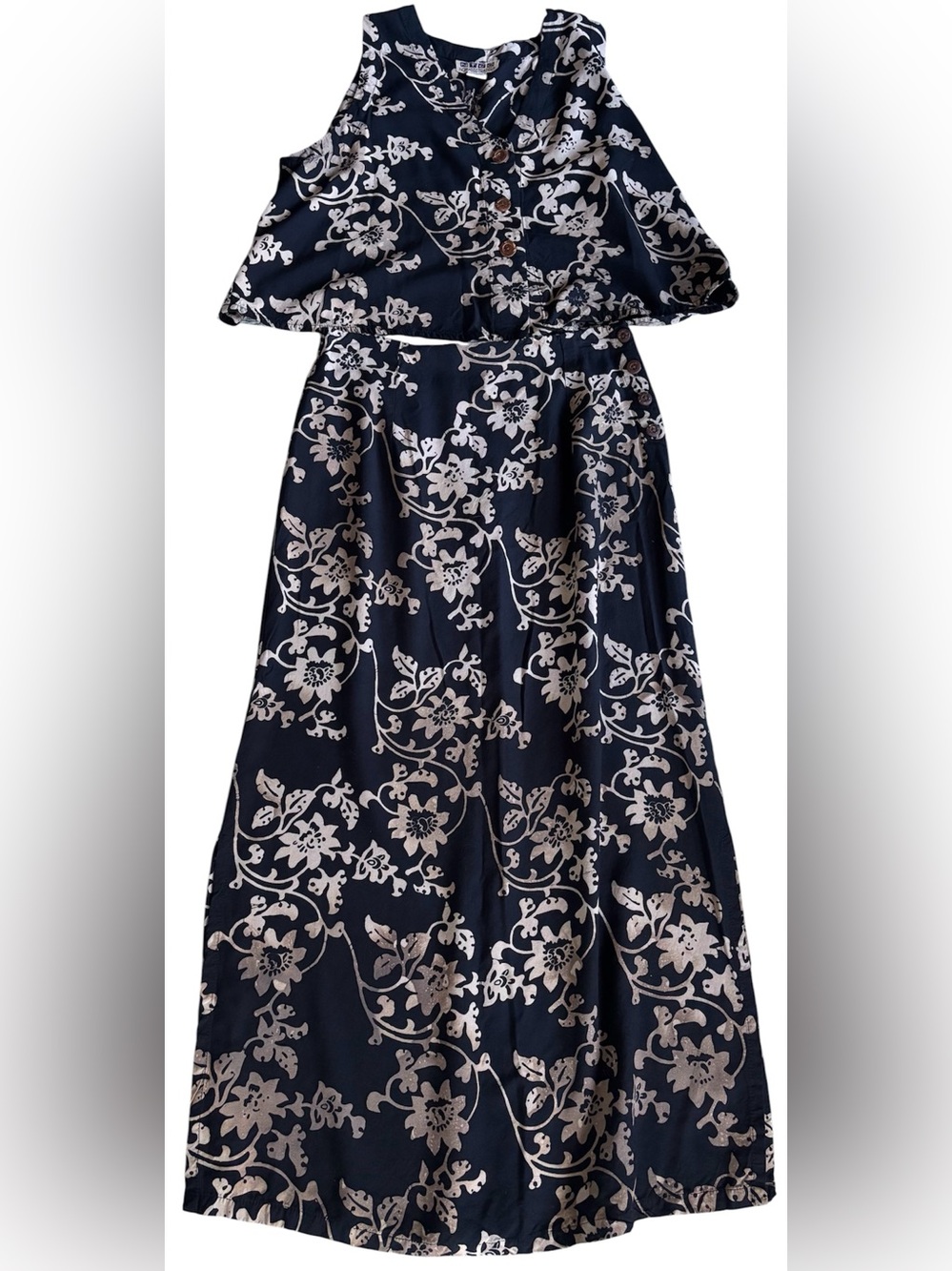 Women's two piece batik sleeveless blouse and skirt set from Nomadic Traders.
